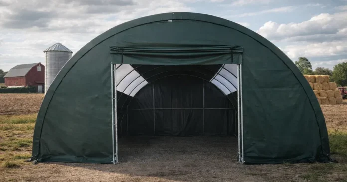 test-av-rundbuehall-12x915-x45 Test av Rundbuehall 12 x 9,15 x 4,5 m – Robust leskur for dyr, maskiner og lagring